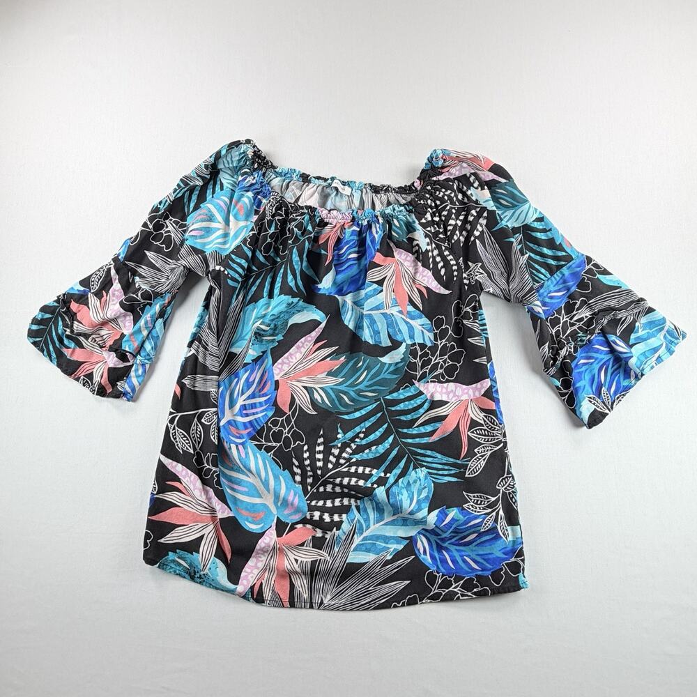 LASCANA Women's Tropical Leaf Print Off-Shoulder Flowy Top Bell Sleeves Size 6